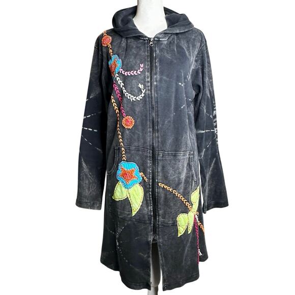 Rising International Y2K Embroidered Long Line Jacket Grey Hoodie XL Zip Cotton - Picture 9 of 10